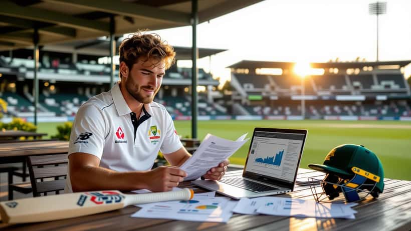 Young Australian cricketer reviewing financial documents at cricket pavilion