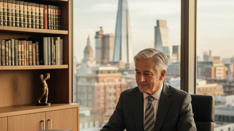 British wealth management professional reviewing brand protection documents at a London office desk