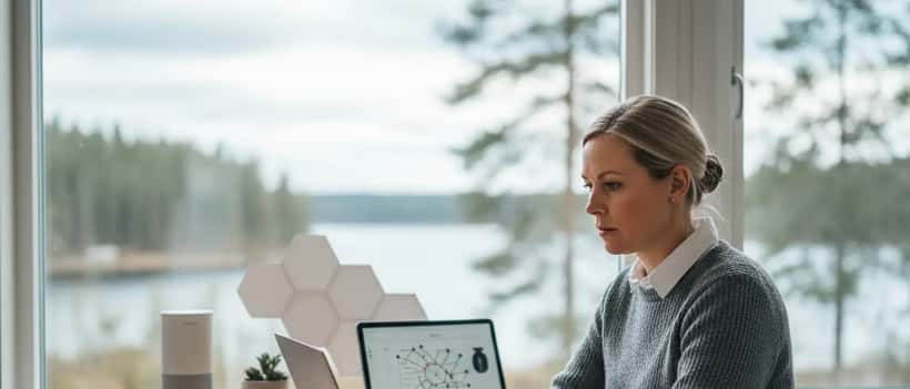 Svensk IT-säkerhetsspecialist arbetar med laptop och smarta hemenheter i ett hemmakontor med naturligt ljus