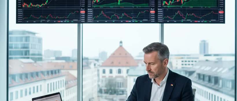 Deutscher Finanzberater analysiert Portfoliodaten an seinem Schreibtisch in einem modernen Münchener Büro