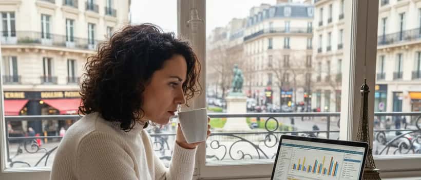 Mulher portuguesa a consultar documentos de declaração de IRS num computador portátil