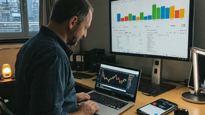Deutscher Anleger analysiert Bitcoin-Kursanstieg auf Laptop in Frankfurt