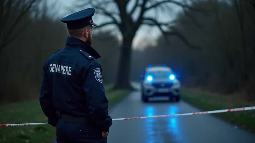 Gendarme français examinant la scène d'un accident de la route dans la Marne au crépuscule, voiture accidentée derrière le rubalise