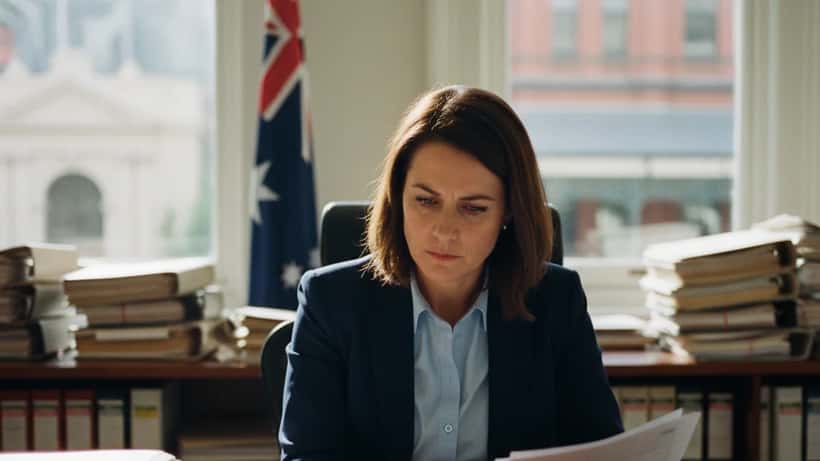 Australian woman in professional setting reviewing legal documents about workplace discrimination rights