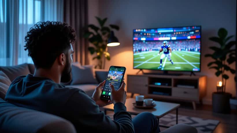Man in darkened living room checking phone app permissions while NFL game plays on TV behind him