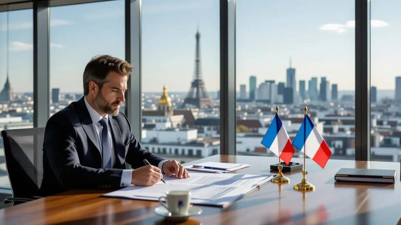 Avocat français examinant un contrat international à Paris avec vue sur la ville