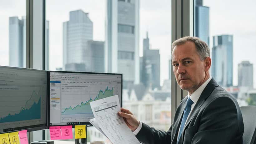 Finanzberater analysiert Dividenden-Portfolio mit DAX-Kurven auf dem Monitor, Frankfurt 2026