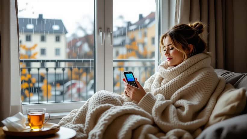 Dansk kvinde med forkølelse tjekker vejrapp på sofa med termometer og te i efterårsregn