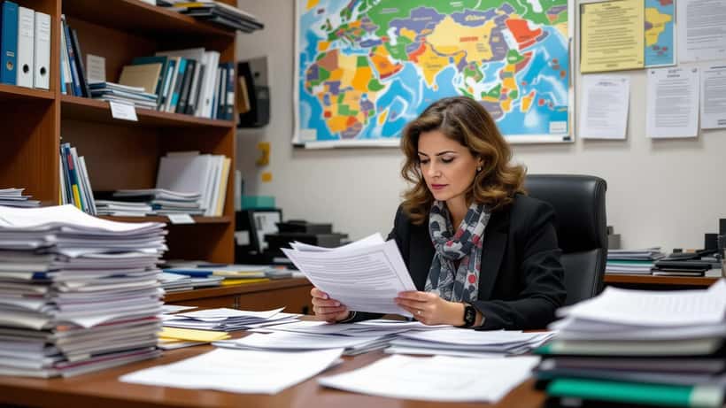 Advogado de imigração a rever documentos de asilo num escritório em Ceuta, com mapa da fronteira Espanha-Marrocos ao fundo