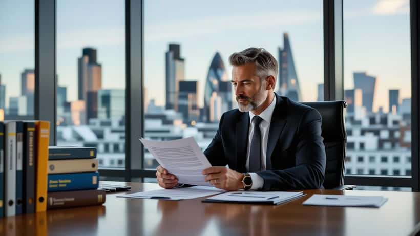 Employment solicitor reviewing a printed contract with non-compete clause highlighted in a London law firm office