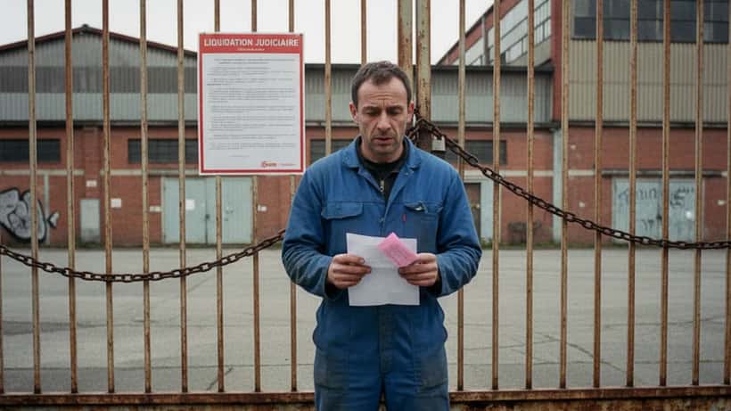 Salarié français tenant une lettre de licenciement devant une usine en liquidation judiciaire à Lyon