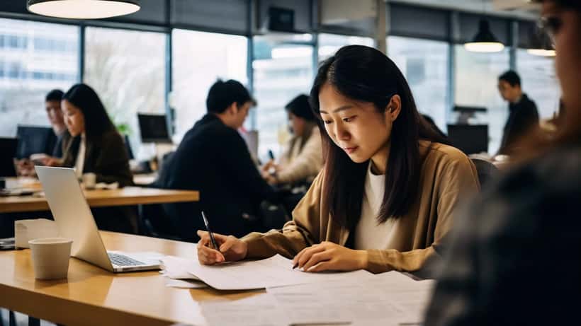 Jeune travailleuse japonaise examinant son contrat de travail et permis canadien dans un espace de coworking à Toronto