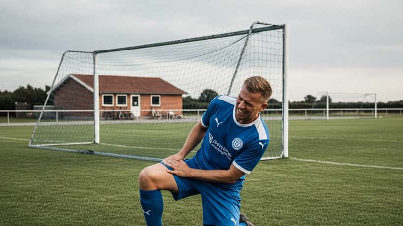 Fodboldspiller griper sig om baglåret med smerter på fodboldbane