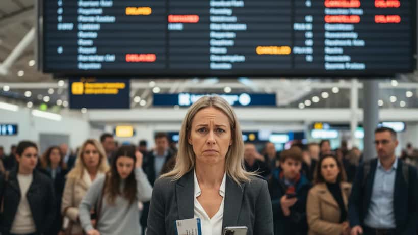 British woman at Heathrow departure board showing multiple cancelled flights