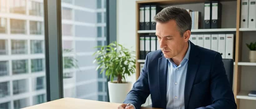 Deutscher Geschäftsmann studiert EU-Rechtsdokumente am modernen Büroschreibtisch