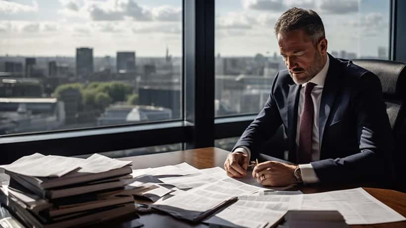 Employment solicitor reviewing business contracts at a London boardroom table with two suited candidates