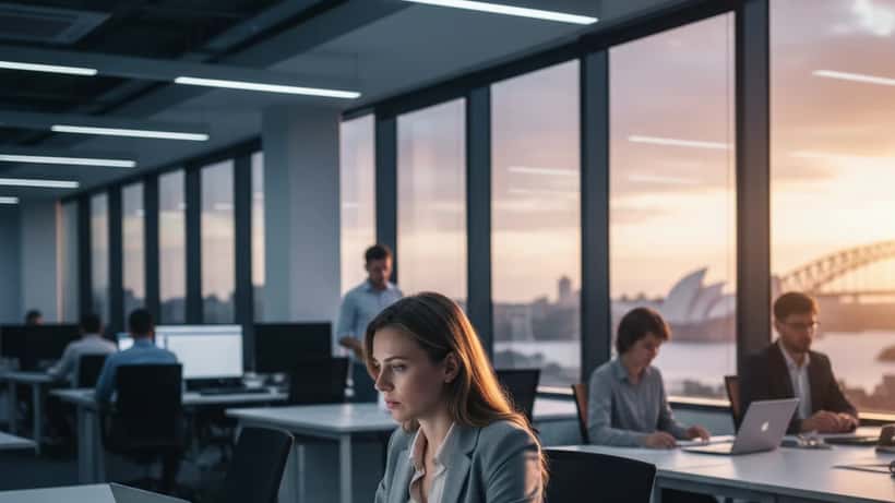 Australian woman at a Sydney office desk showing signs of workplace burnout and chronic stress