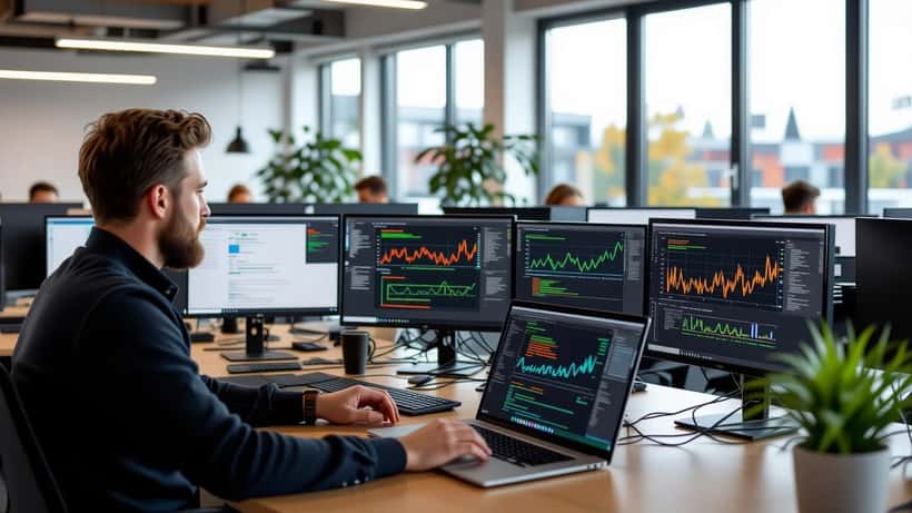 IT-manager i moderne kontorlandskab ser på bærbar computer med rød fejlmeddelelse om nedbrud i chatapplikation