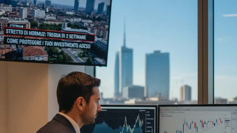 Consulente finanziario a Milano che analizza grafici con impennata del prezzo del petrolio durante la crisi di Hormuz