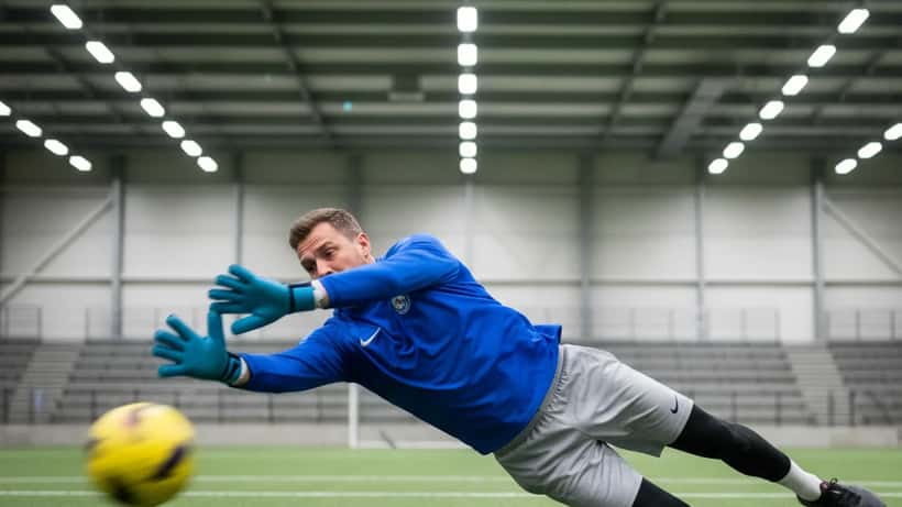 Målvakt gör en dykräddning i en idrottsanläggning i Malmö under träning