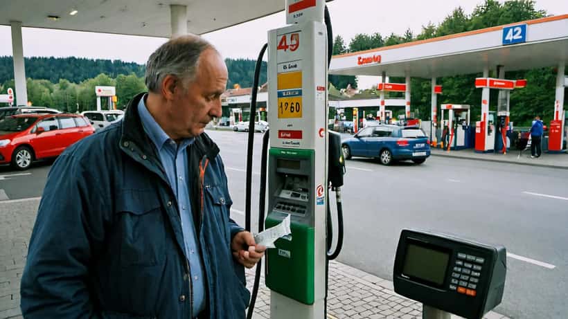 Mann an Tankstelle schaut besorgt auf Benzinpreisanzeige — Klimageld statt Subventionen