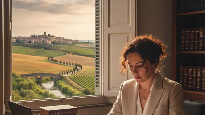 Avvocatessa italiana che consulta documenti legali in uno studio a Napoli