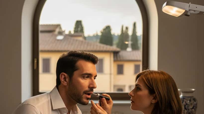 Cantante in consultazione con un otorinolaringoiatra in uno studio medico a Viareggio