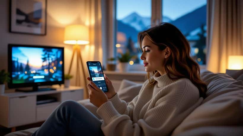 Femme regardant un direct sur l'application RTS Play depuis son smartphone dans un salon le soir