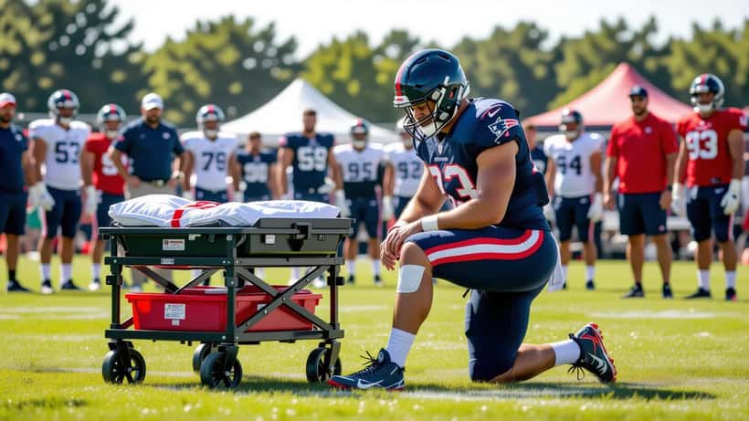 Safety de la NFL siendo trasladado en camilla durante el campamento de entrenamiento con una lesión de rodilla