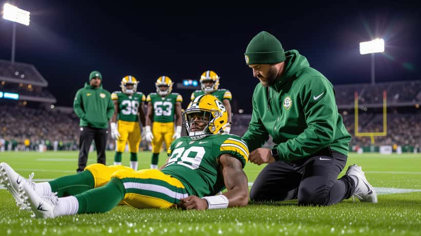 Football receiver on the turf as a trainer examines his wrist