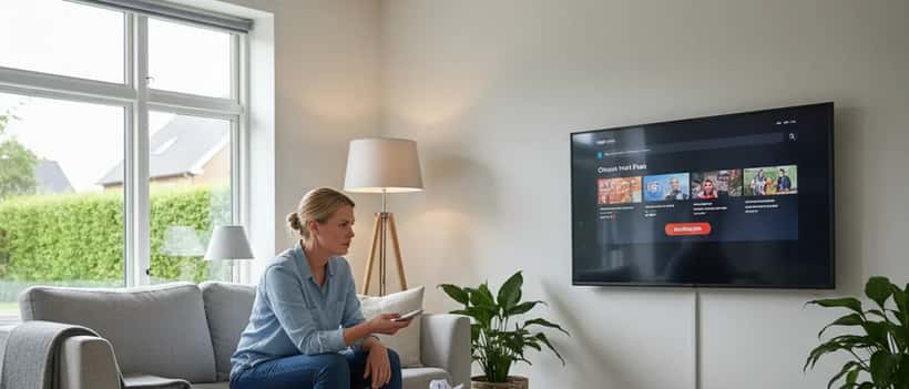 Dansk person sidder i stuen og ser frustreret paa tv-skaerm med streaming-abonnement, fjernbetjening i haanden