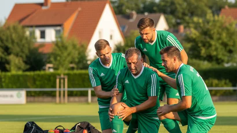 Deutscher Amateurfußballer hält sich das Knie auf einem Stuttgarter Rasenplatz, Nachmittagslicht, Mitspieler im Hintergrund