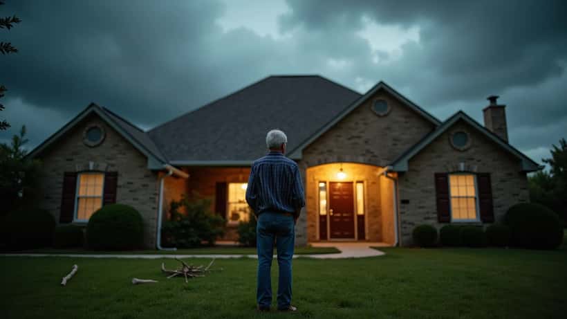 American homeowner examining storm damage to roof with dark clearing storm clouds in background