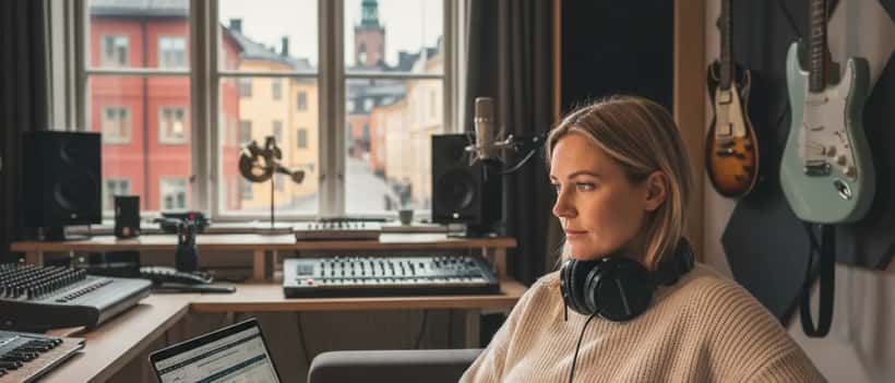 Svensk kvinnlig artist i inspelningsstudio granskar ekonomiska dokument på laptop