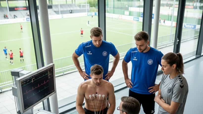 Kardiologe überprüft EKG-Ausdruck eines Sporters in Hamburger Praxis
