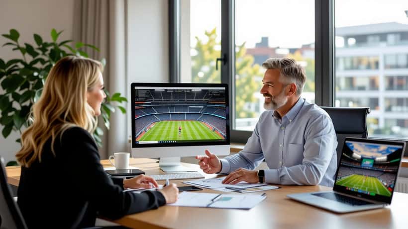 Conseiller en gestion de patrimoine expliquant un prospectus de fonds sportif à un couple