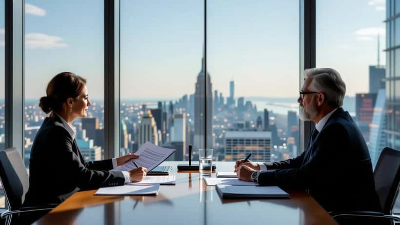 Árbitro revisando documentos contratuais em mesa de reunião corporativa em São Paulo