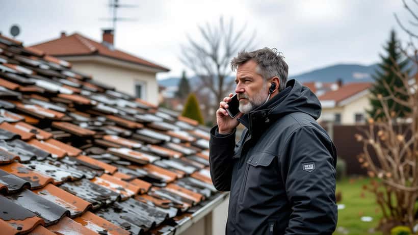 Proprietário a inspecionar danos na cobertura da sua casa em Coimbra após tempestade, ao telefone com seguradora