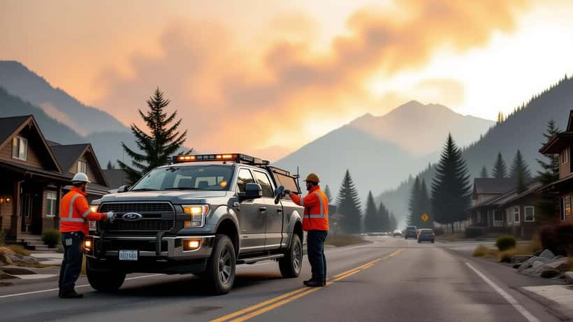 Homme vérifiant les pneus d'une camionnette sous un ciel orange enfumé par les feux de forêt en Colombie-Britannique