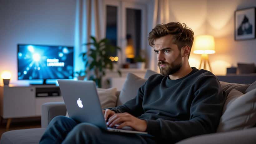 Mand ser alarmeret på laptop med falsk streaming-advarsel og mobilbank i hånden
