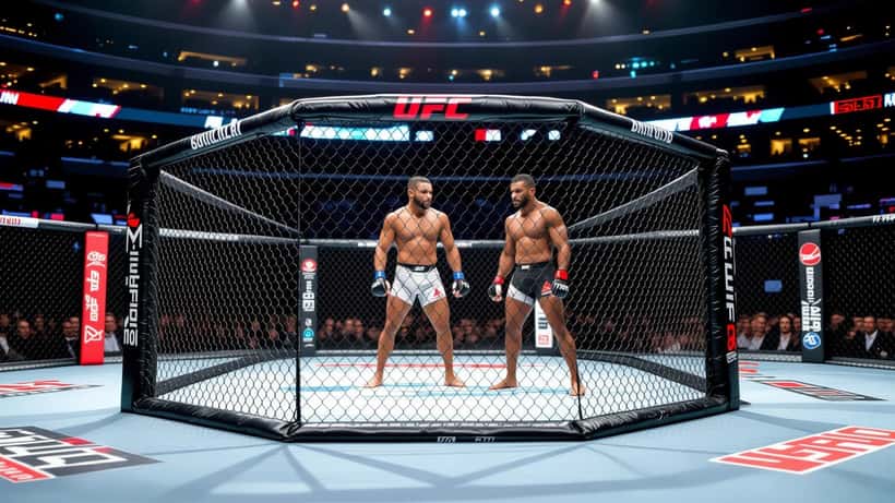UFC-oktagon med juridiska dokument i bakgrunden, symbol för fighters rättsliga skydd 2026