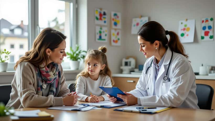 Kinderärztin im Gespräch mit Mutter und Kind in Münchner Kinderarztpraxis