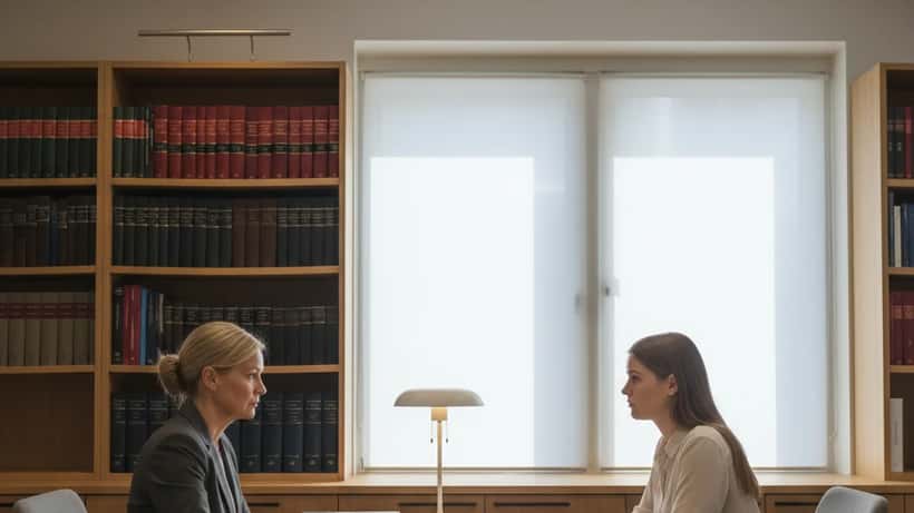 Norsk kvinnelig advokat i konsultasjon med klient i Oslo tinghus