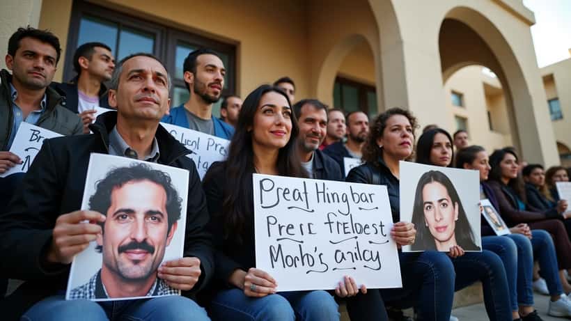 Journalistes tenant des panneaux de solidarité lors d'un sit-in pour la liberté de la presse à Tunis