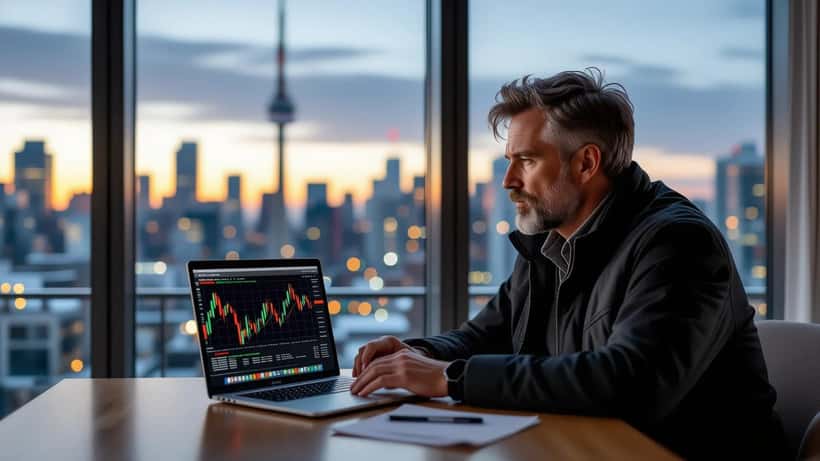 Canadian investor reviewing a falling stock chart and TFSA statement at a kitchen table