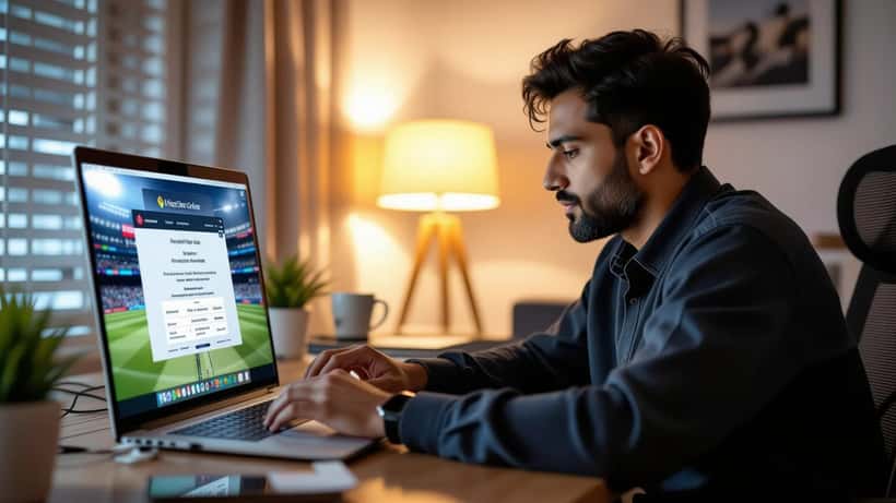 Man looking alarmed at laptop showing a fake cricket streaming site with phishing warning