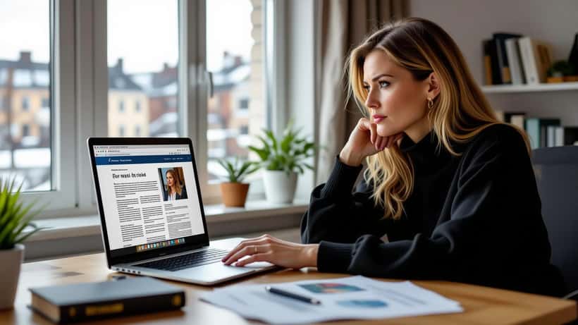 Kvinna granskar nyhetsinlägg på laptop med juridiska dokument vid hemmakontor i Stockholm