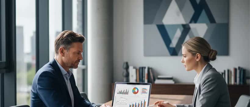 Deutscher Finanzberater mit Laptop und Portfolio-Charts in modernem Büro im Gespräch mit Kunden
