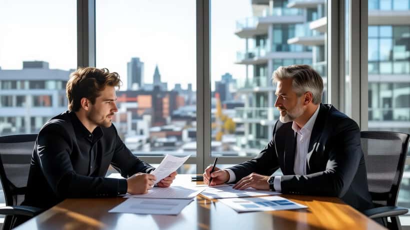 Joueur de hockey et avocat sportif discutant d'une offre de qualification LNH dans un bureau à Ottawa