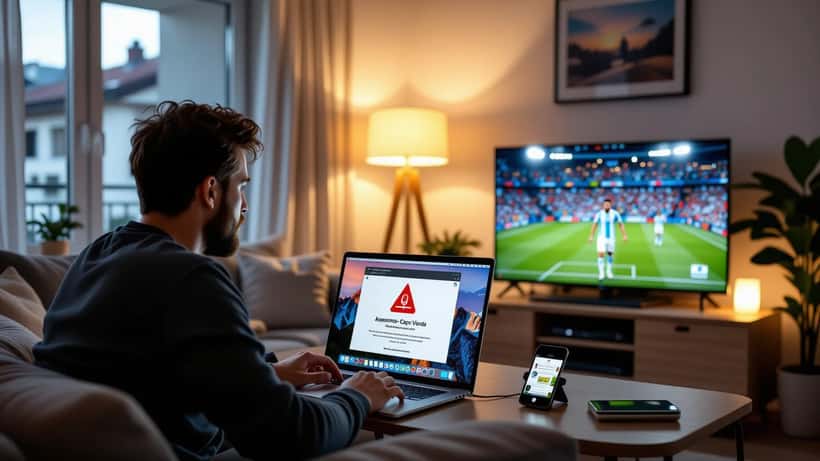 Supporter suisse sur laptop pendant Argentine-Cap-Vert CM2026, email de phishing visible à l'écran